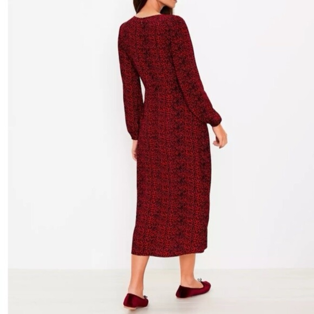 LOFT Leopard Animal Print Slit Midi Dress Long Sleeves Tango Red Holiday Dress✨ - Picture 3 of 10